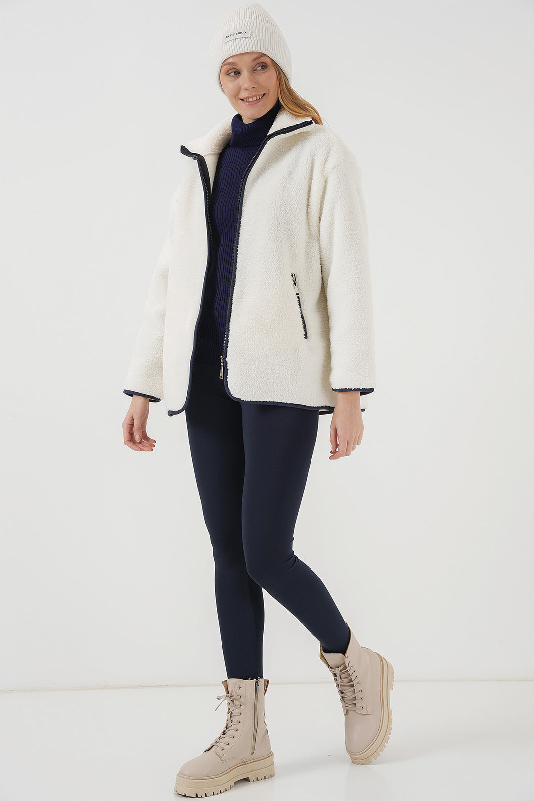 BGD Women Zippered Plush Jacket - Navy Blue - Duisburg
