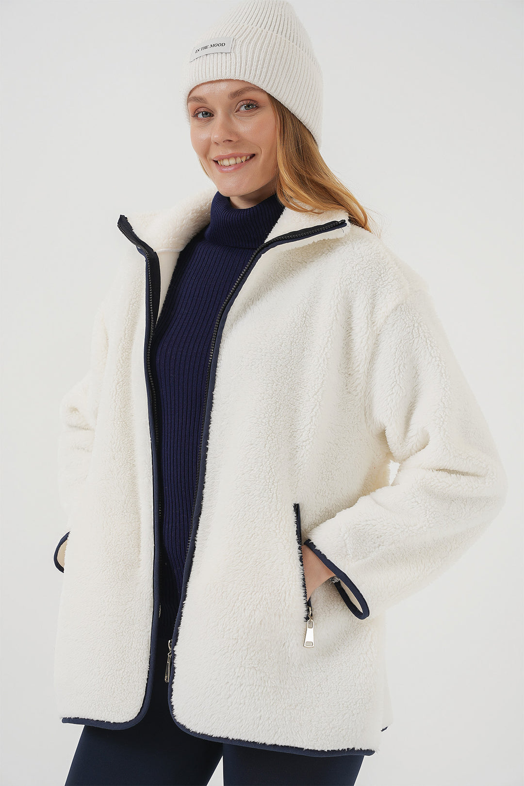 BGD Women Zippered Plush Jacket - Navy Blue - Duisburg