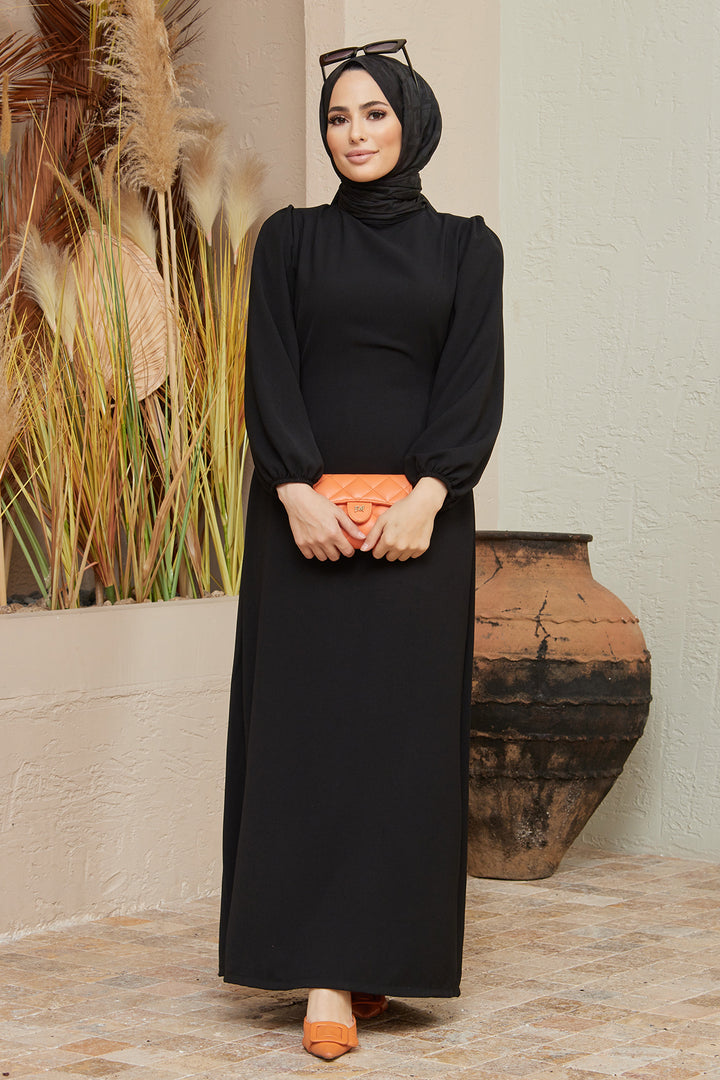 فستان ZRF نسائي من الكريب بأكمام بالون وحزام - أسود - Bünde