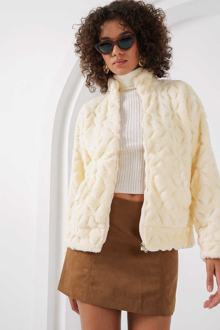 BGD Women Zippered Plush Jacket - Ecru - Monopoli