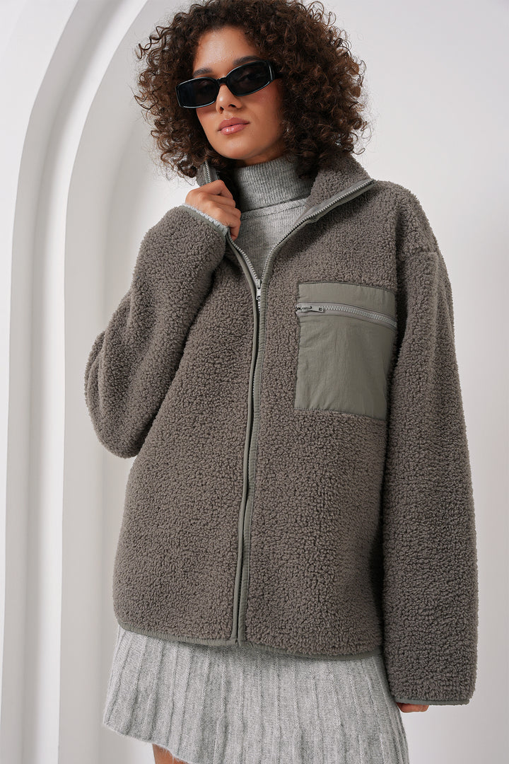 BGD Women Zippered Oversized Plush Jacket - Gray - Biella