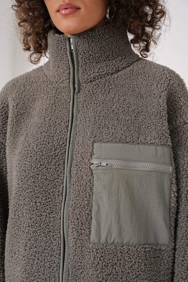 BGD Women Zippered Oversized Plush Jacket - Gray - Biella