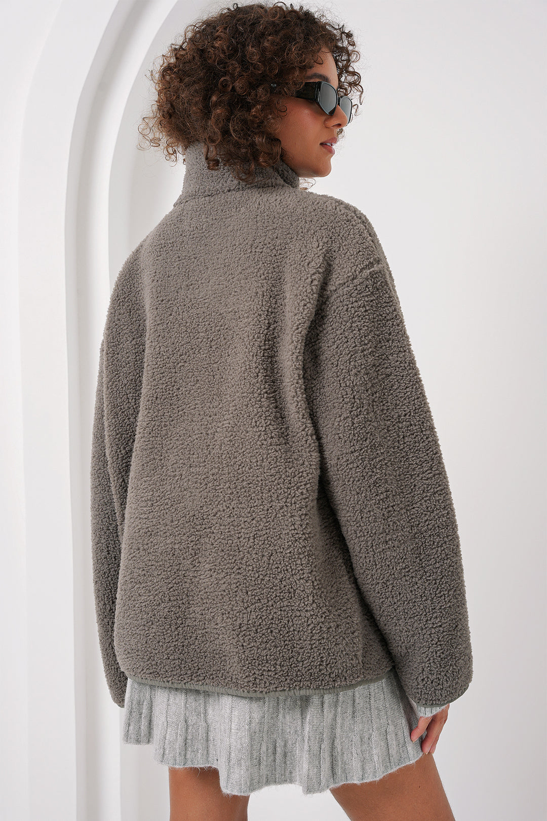 BGD Women Zippered Oversized Plush Jacket - Gray - Biella