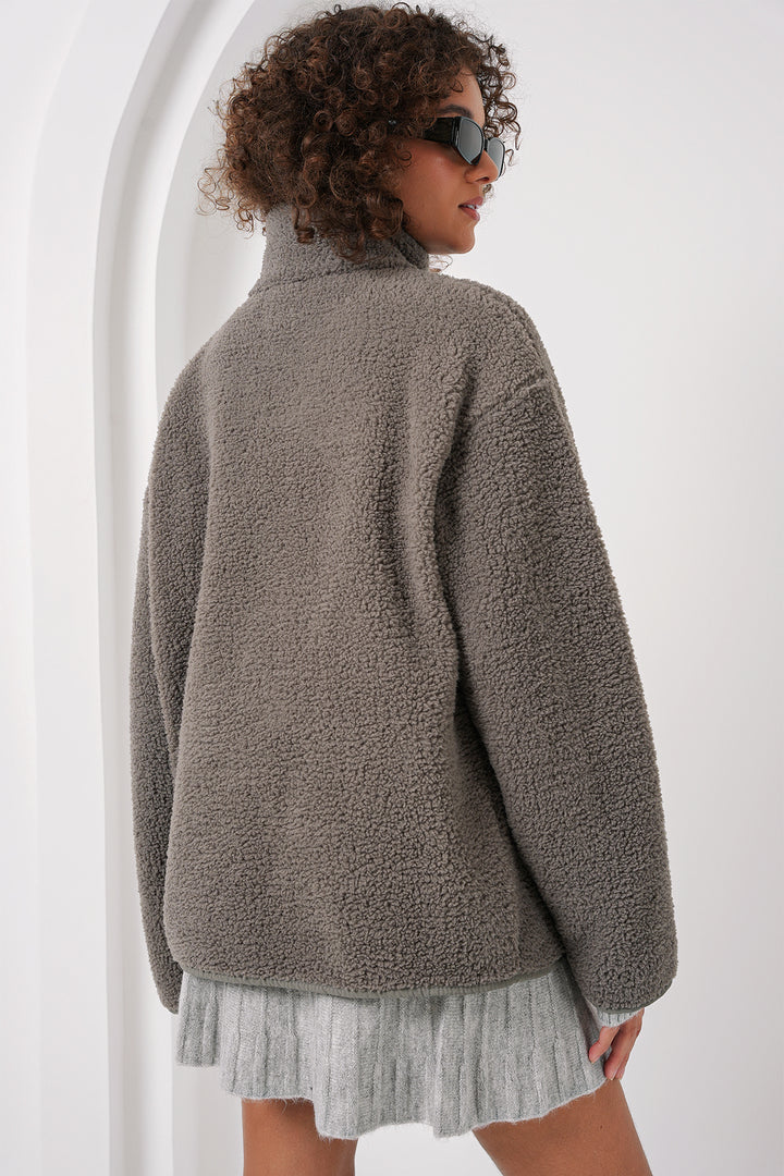 BGD Women Zippered Oversized Plush Jacket - Gray - Biella