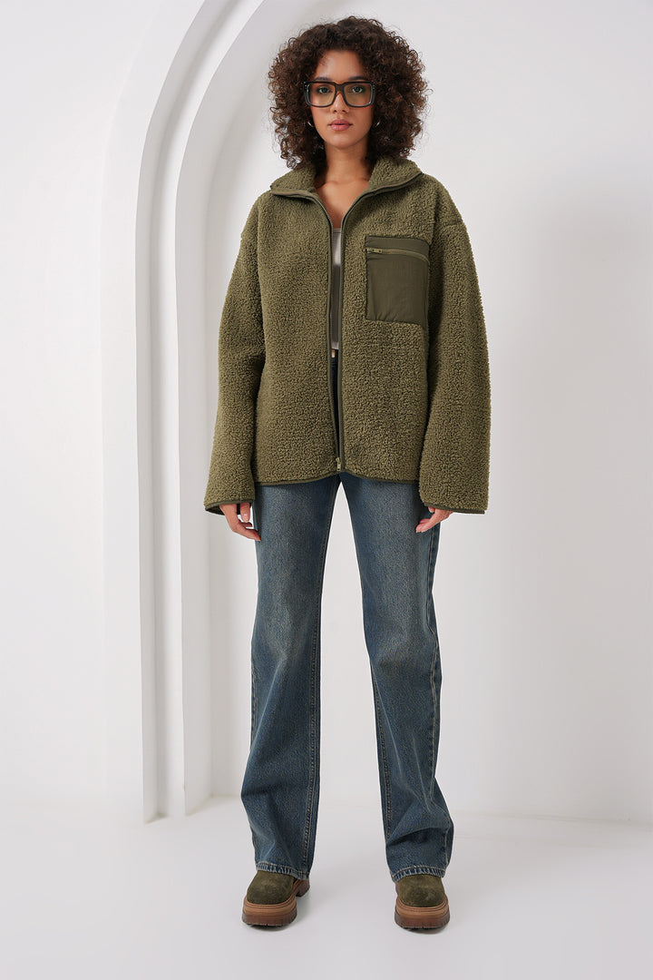 BGD Women Zippered Oversized Plush Jacket - Khaki - Tübingen