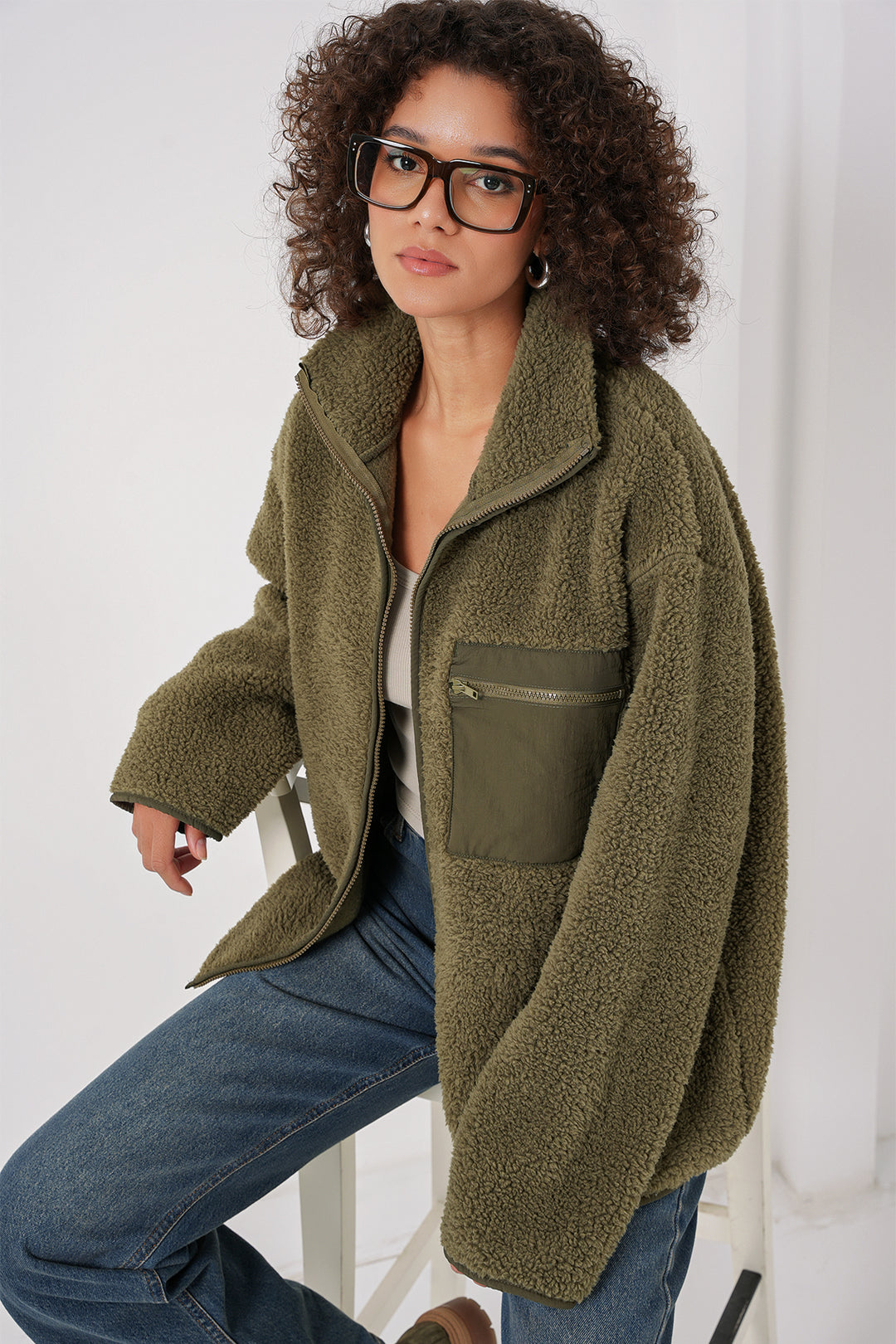 BGD Women Zippered Oversized Plush Jacket - Khaki - Tübingen