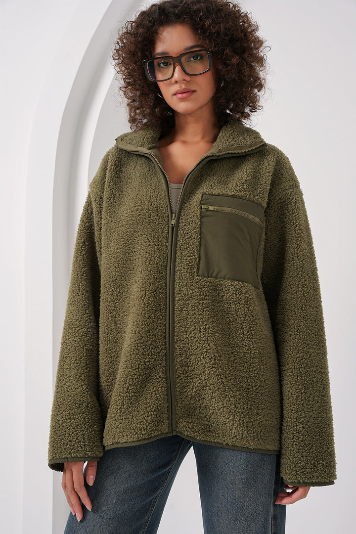 BGD Women Zippered Oversized Plush Jacket - Khaki - Tübingen