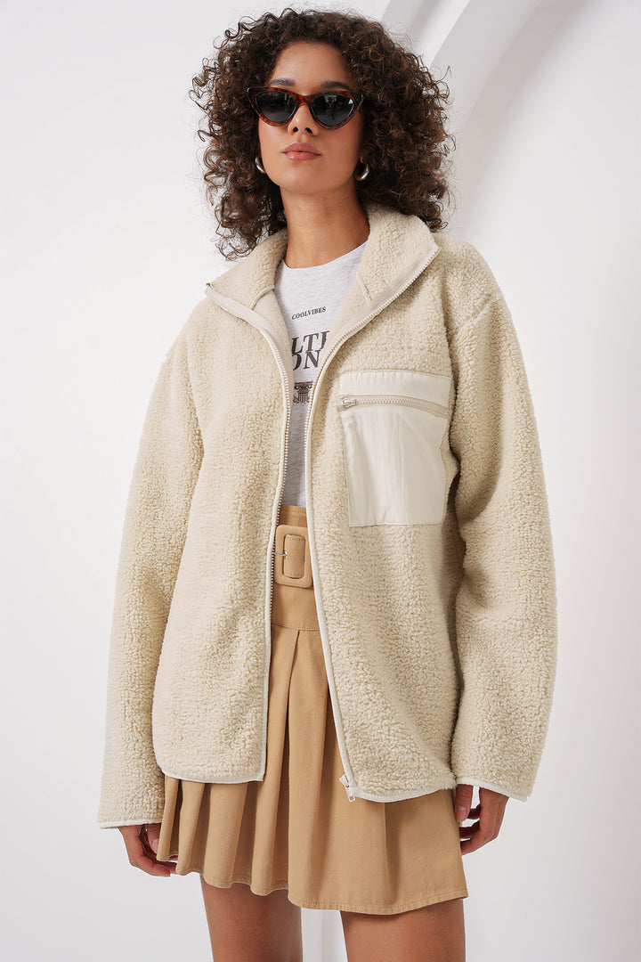BGD Women Zippered Oversized Plush Jacket - Cream - Bloomfield