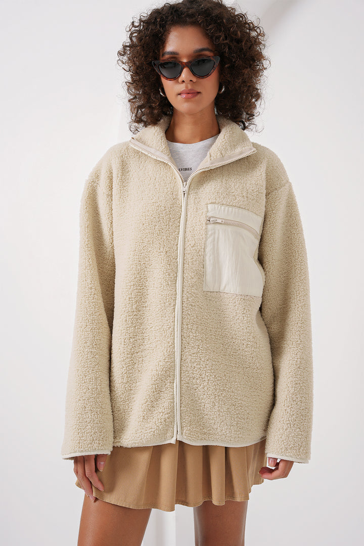 BGD Women Zippered Oversized Plush Jacket - Cream - Bloomfield
