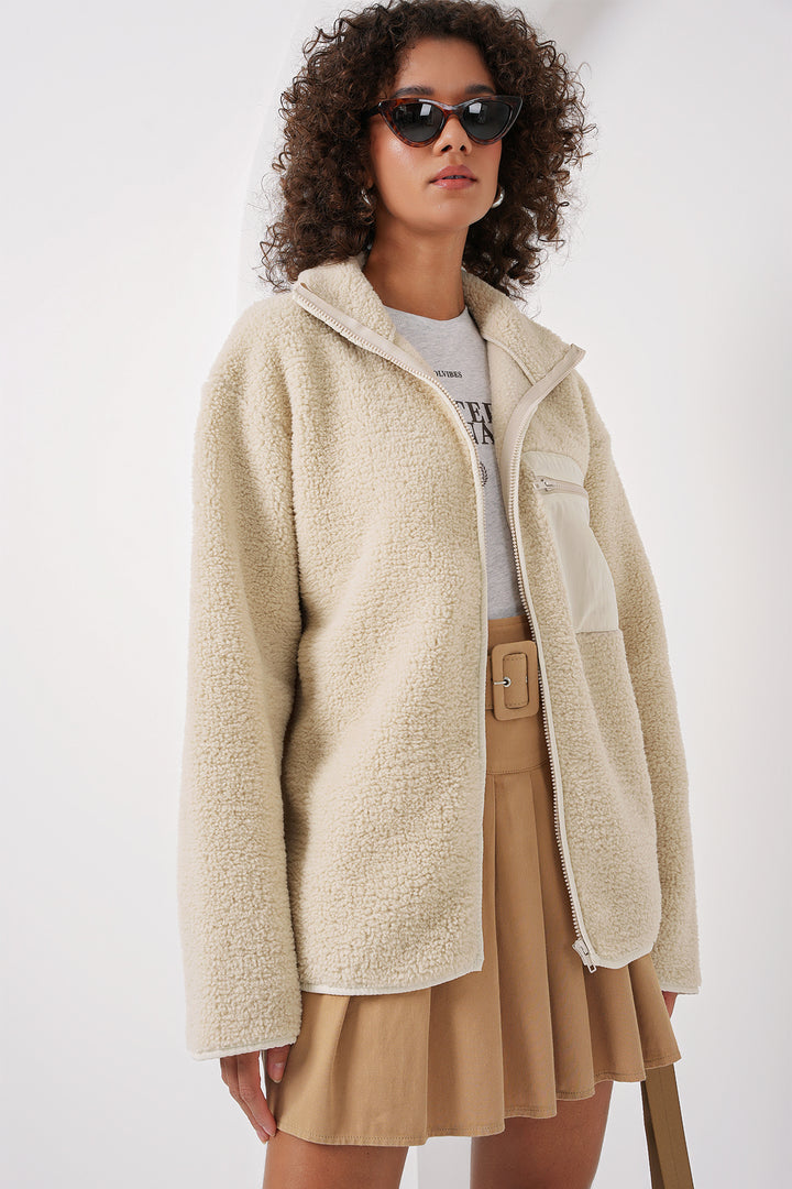 BGD Women Zippered Oversized Plush Jacket - Cream - Bloomfield