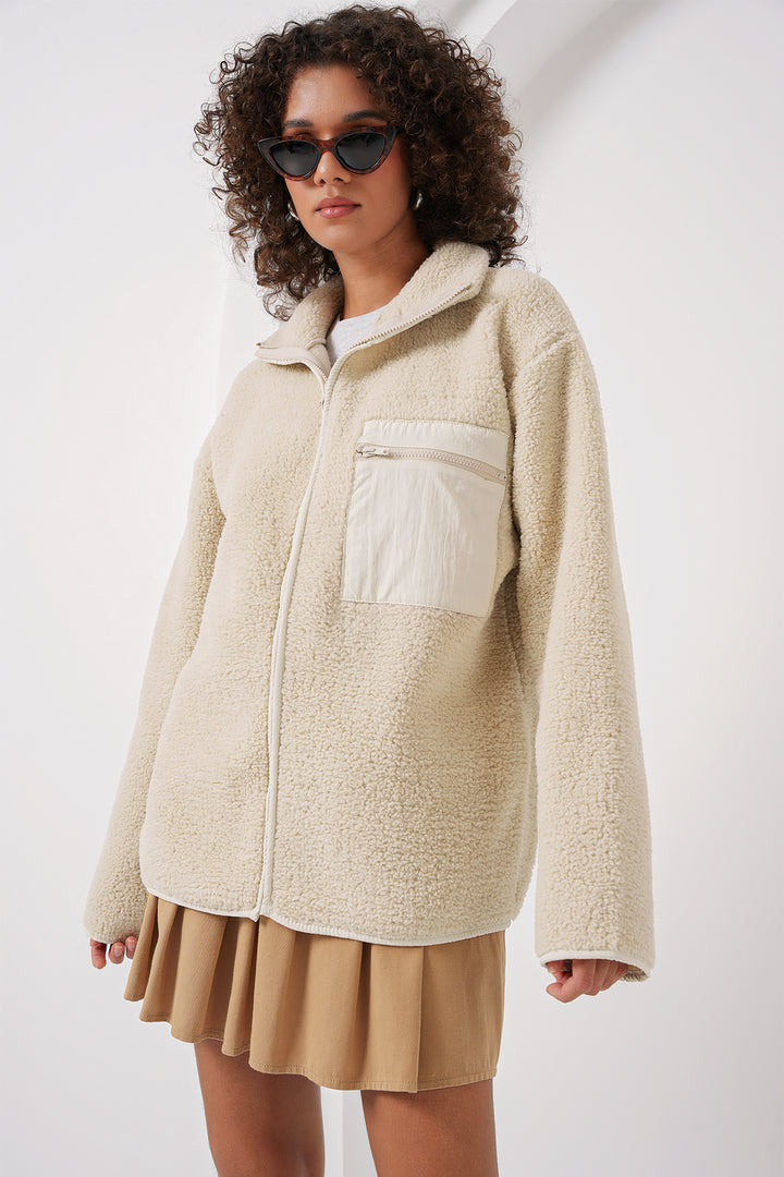 BGD Women Zippered Oversized Plush Jacket - Cream - Bloomfield