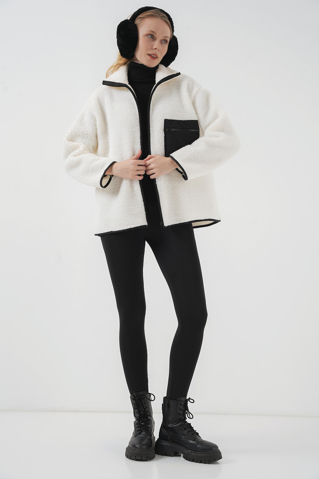 BGD Women Zippered Oversized Plush Jacket Coat - Dark Black - Hervey Bay