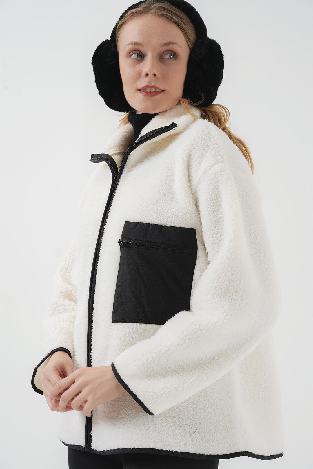 BGD Women Zippered Oversized Plush Jacket Coat - Dark Black - Hervey Bay