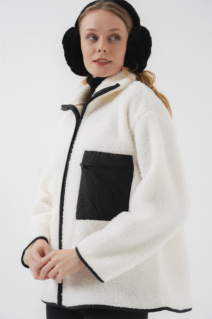BGD Women Zippered Oversized Plush Jacket Coat - Dark Black - Hervey Bay
