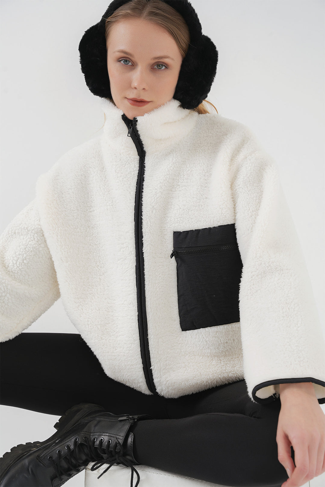 BGD Women Zippered Oversized Plush Jacket Coat - Dark Black - Hervey Bay