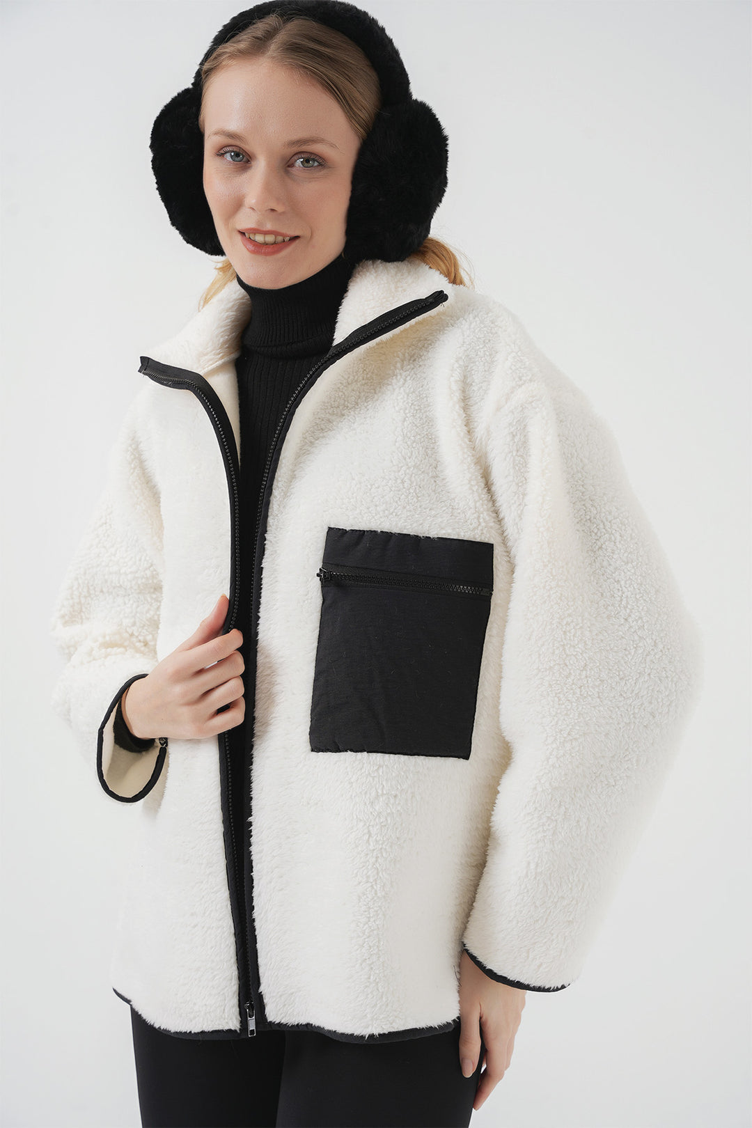 BGD Women Zippered Oversized Plush Jacket Coat - Dark Black - Hervey Bay
