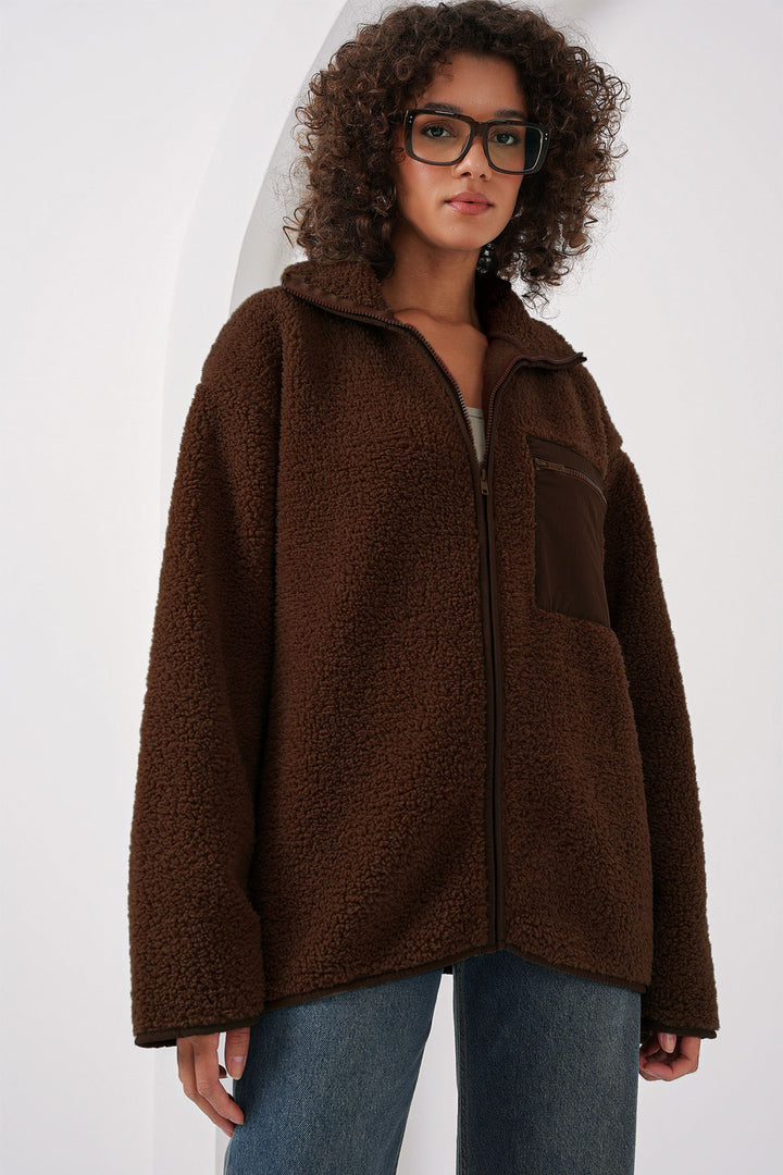 BGD Women Fermuarlı Oversize Peluş Ceket Mont - Kahverengi - Jupiter