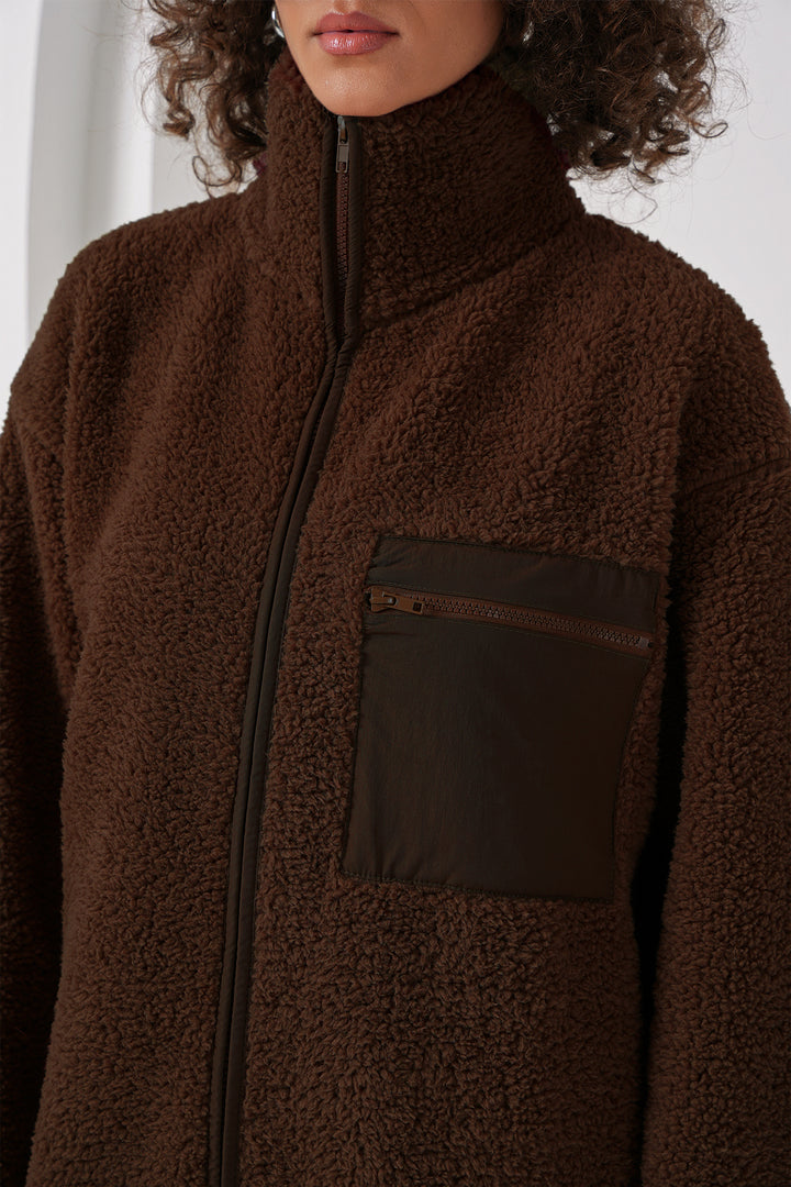 BGD Women Fermuarlı Oversize Peluş Ceket Mont - Kahverengi - Jupiter