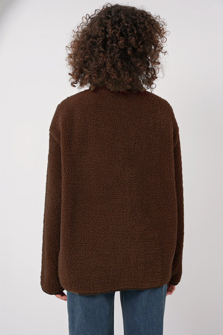 BGD Women Fermuarlı Oversize Peluş Ceket Mont - Kahverengi - Jupiter