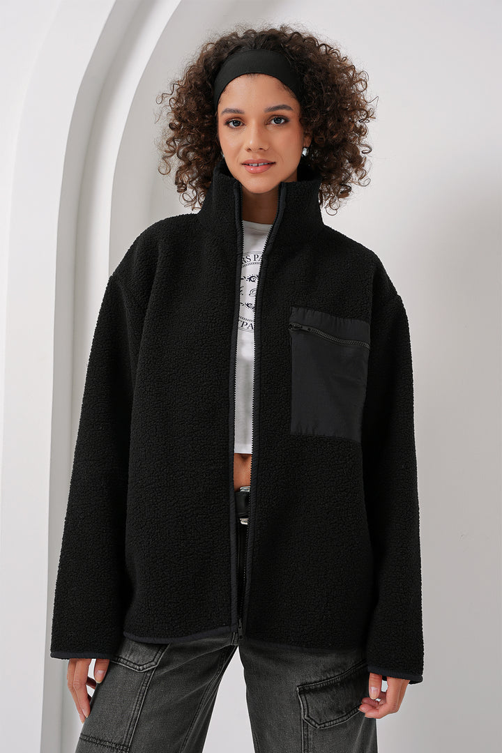 BGD Women Zip-up Oversized Plush Jacket - Black - Alba Iulia