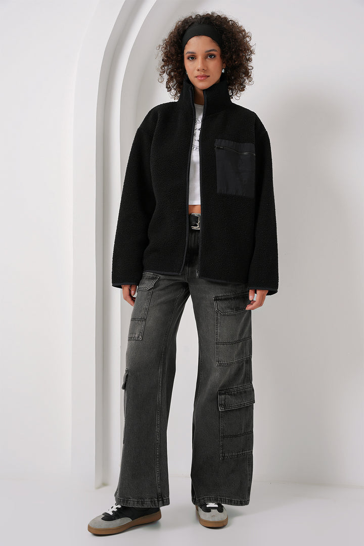 BGD Women Zip-up Oversized Plush Jacket - Black - Alba Iulia