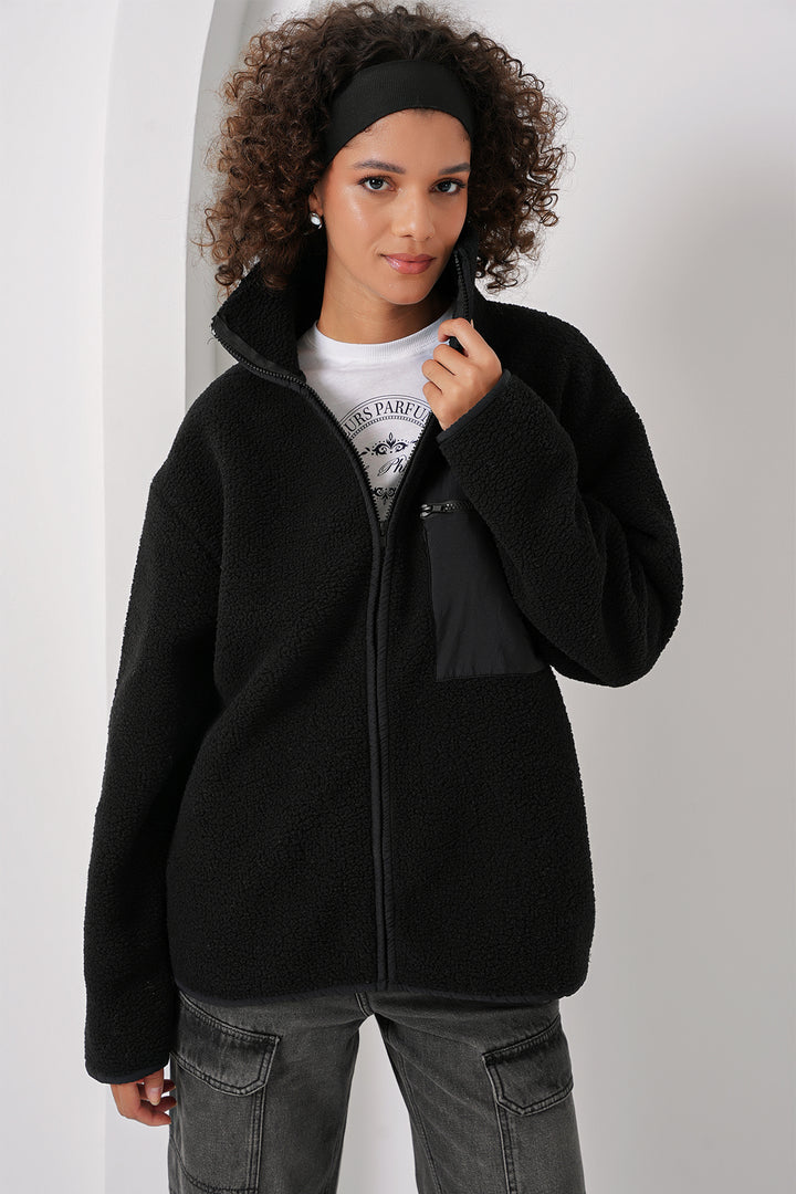 BGD Women Zip-up Oversized Plush Jacket - Black - Alba Iulia
