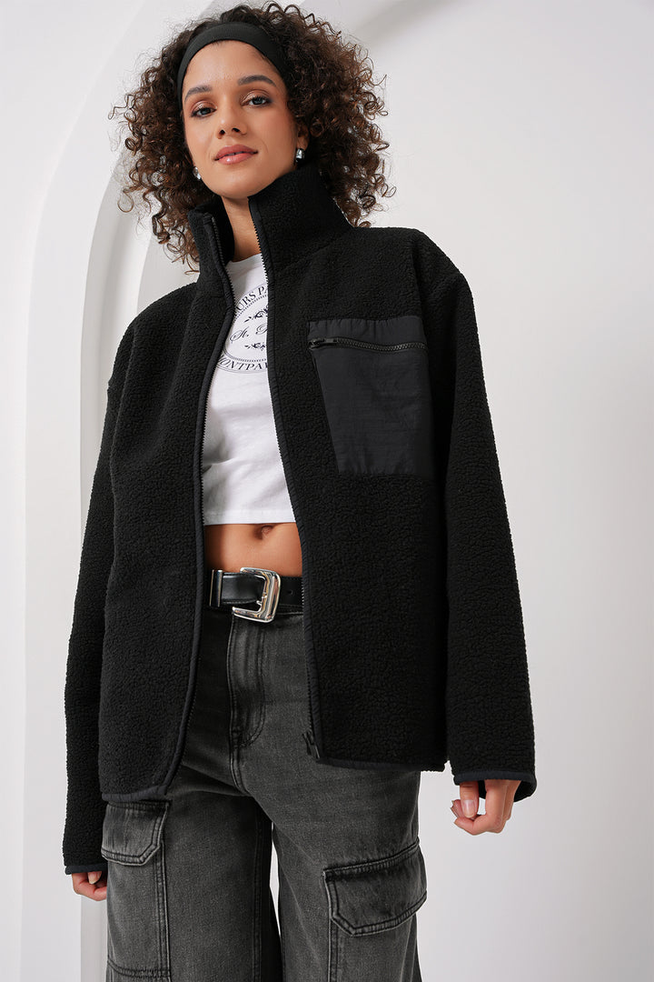 BGD Women Zip-up Oversized Plush Jacket - Black - Alba Iulia