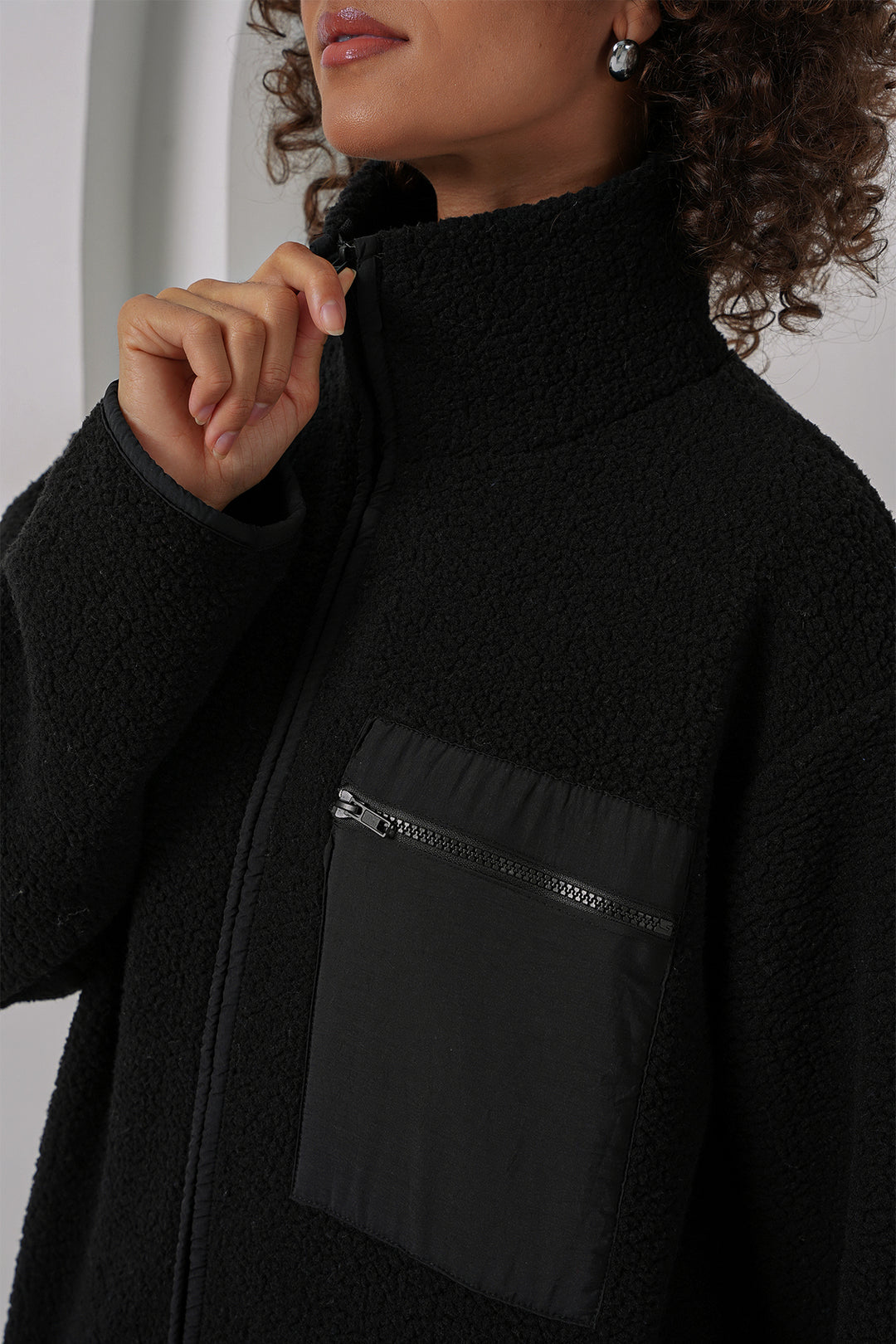 BGD Women Zip-up Oversized Plush Jacket - Black - Alba Iulia