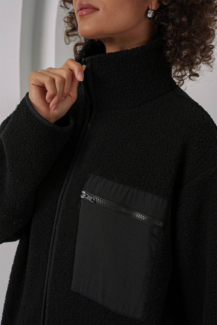 BGD Women Zip-up Oversized Plush Jacket - Black - Alba Iulia