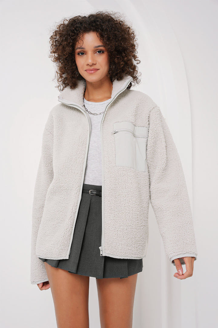 BGD Women Zippered Oversized Plush Jacket - Stone - Créteil