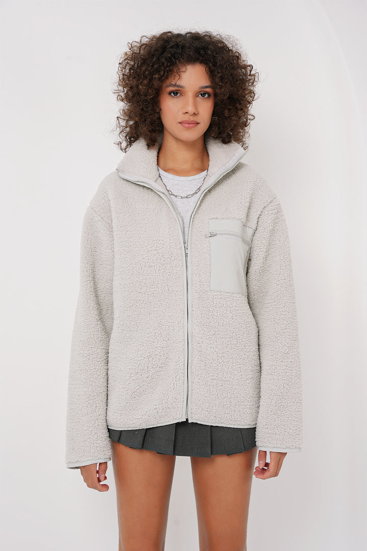 BGD Women Zippered Oversized Plush Jacket - Stone - Créteil