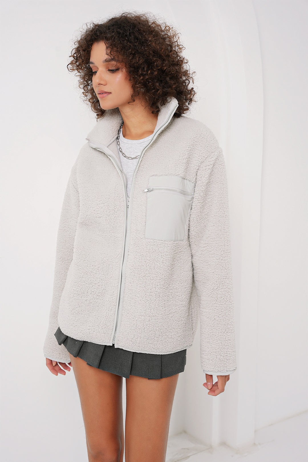 BGD Women Zippered Oversized Plush Jacket - Stone - Créteil
