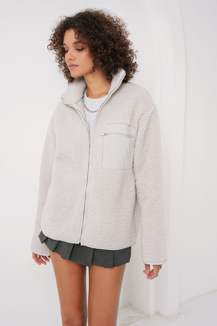 BGD Women Zippered Oversized Plush Jacket - Stone - Créteil