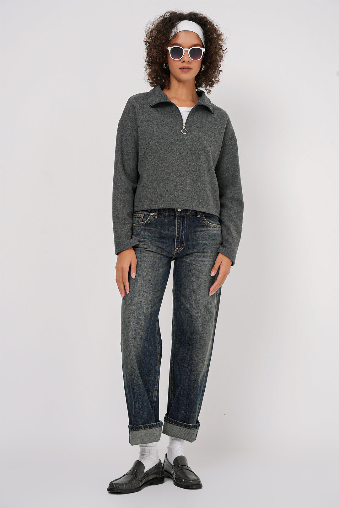 BGD Women Zip Neck Knitted Sweatshirt - Anthracite - Brooklyn Park