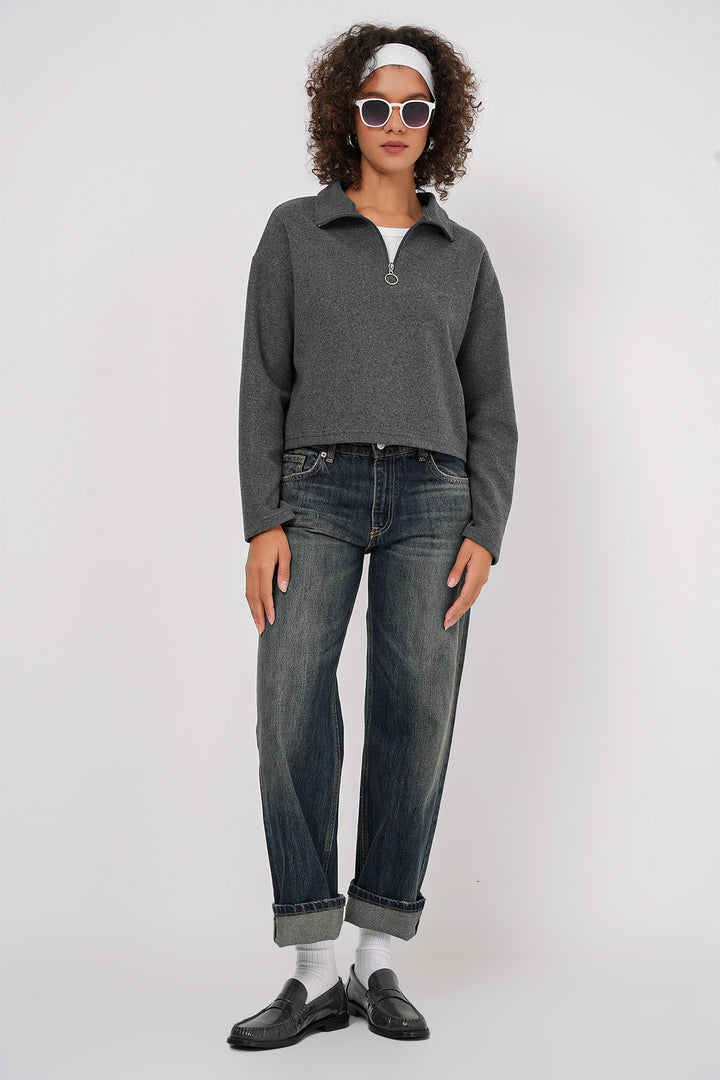BGD Women Zip Neck Knitted Sweatshirt - Anthracite - Brooklyn Park
