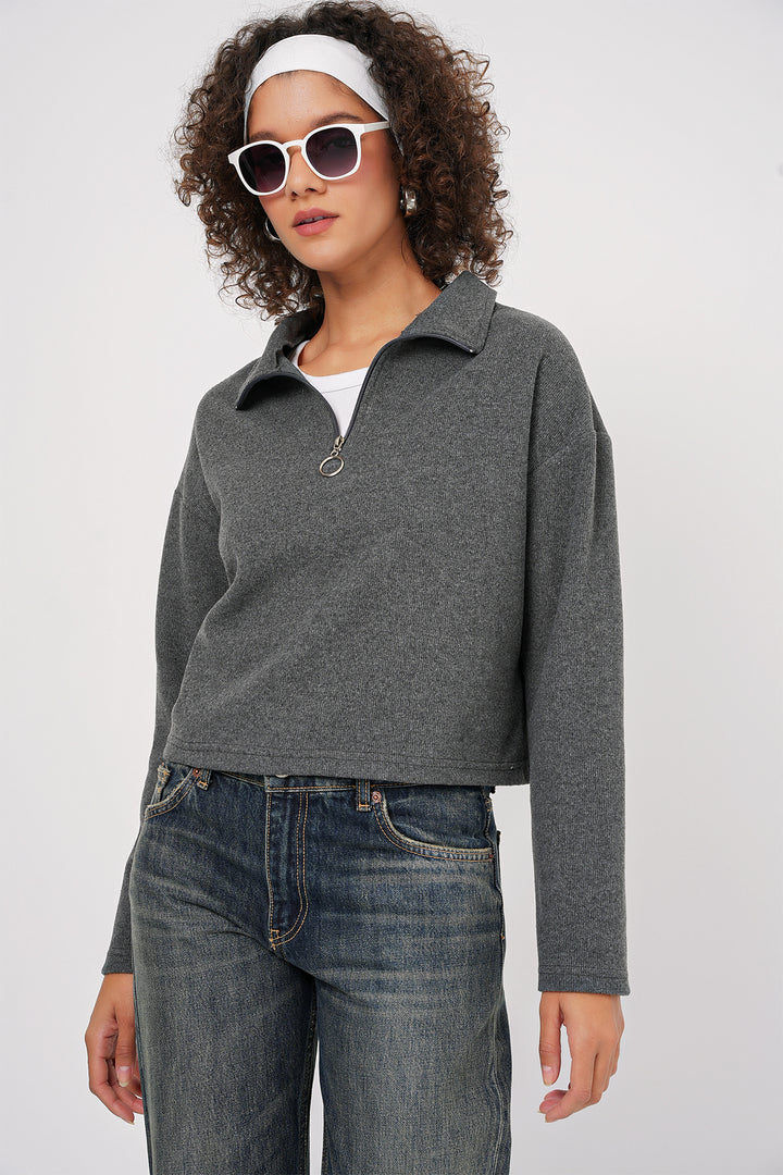 BGD Women Zip Neck Knitted Sweatshirt - Anthracite - Brooklyn Park