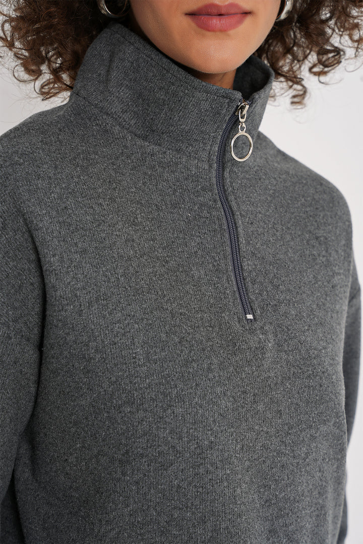 BGD Women Zip Neck Knitted Sweatshirt - Anthracite - Brooklyn Park