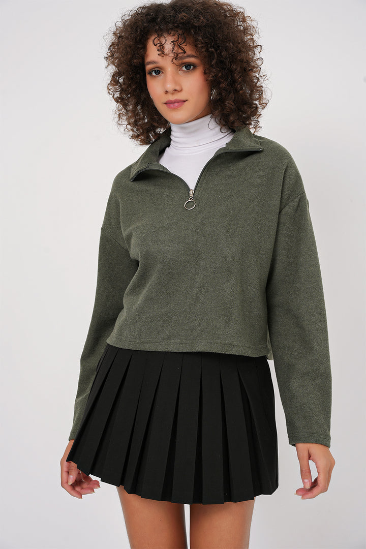 BGD Women Zip Neck Knitted Sweatshirt - Khaki - Decatur