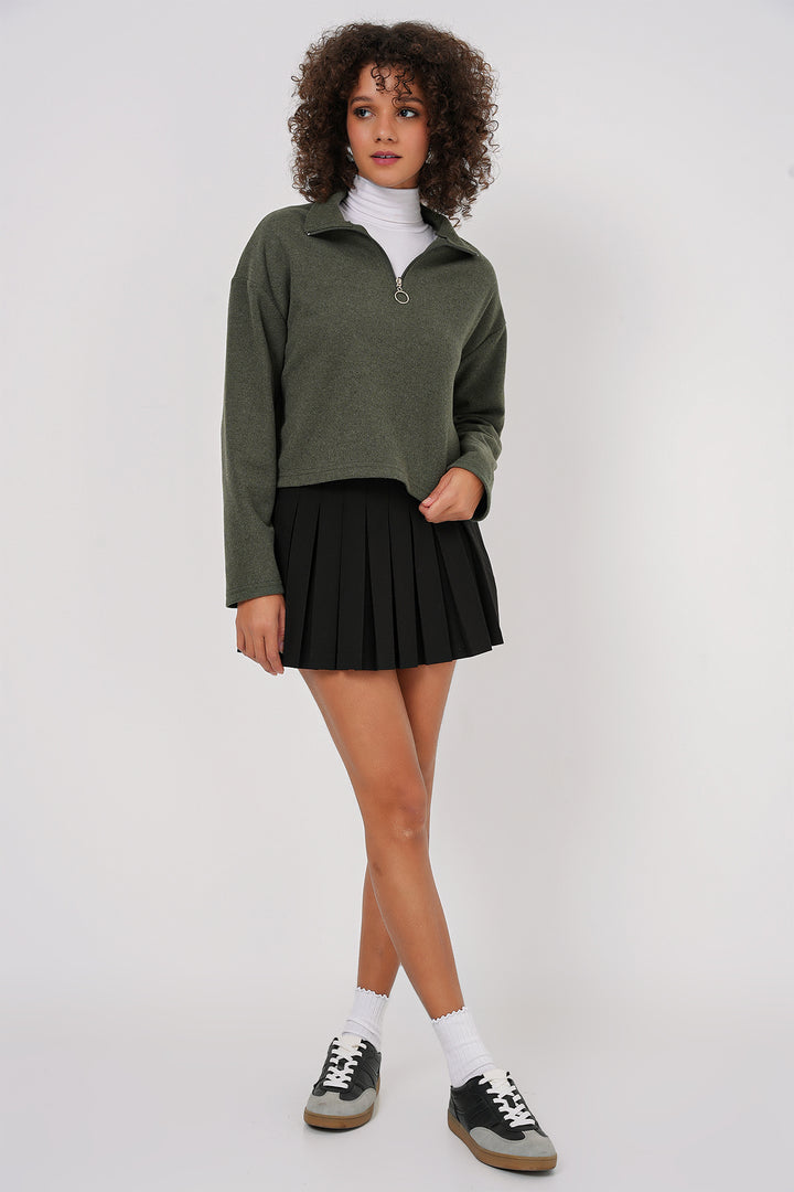 BGD Women Zip Neck Knitted Sweatshirt - Khaki - Decatur