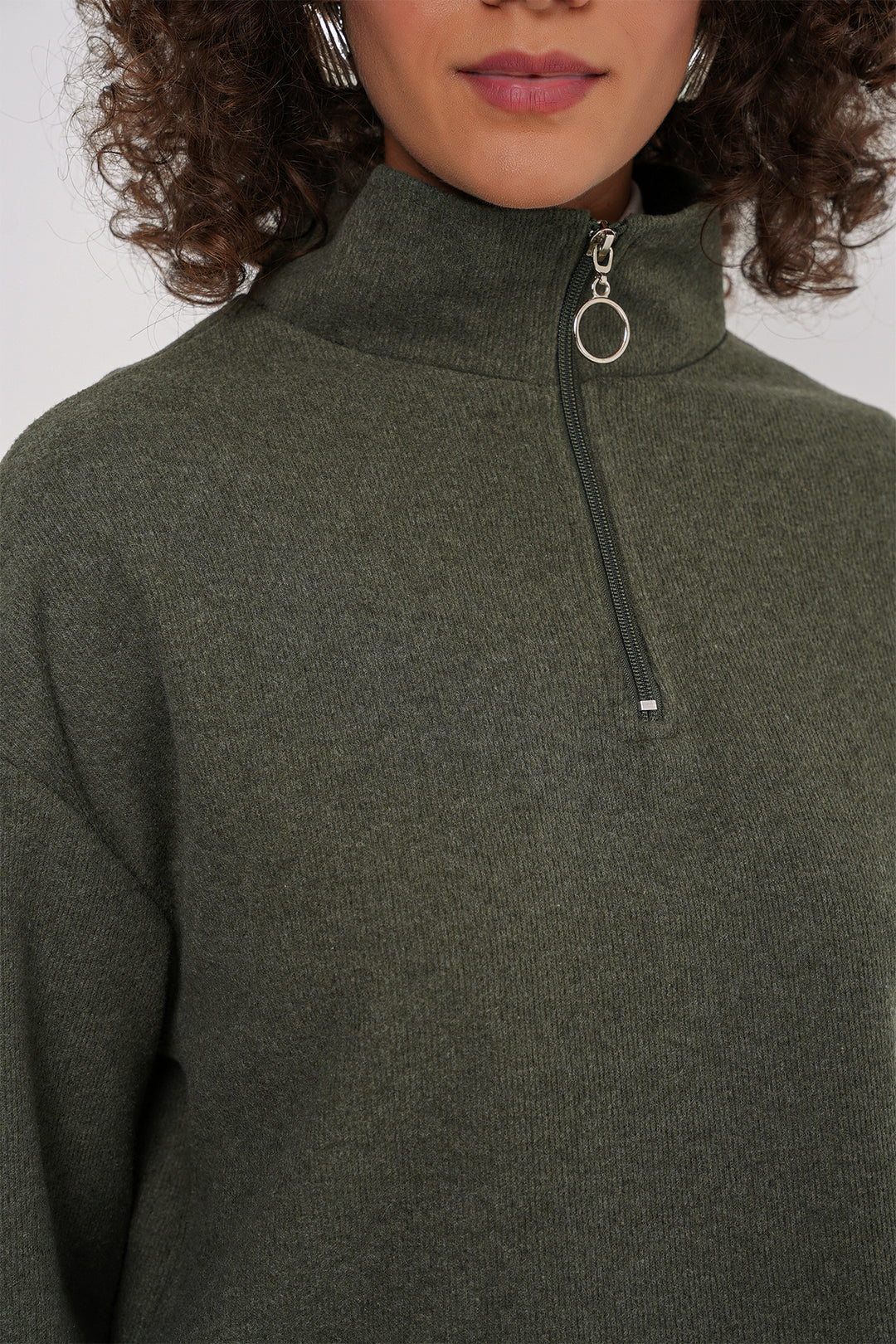 BGD Women Zip Neck Knitted Sweatshirt - Khaki - Decatur
