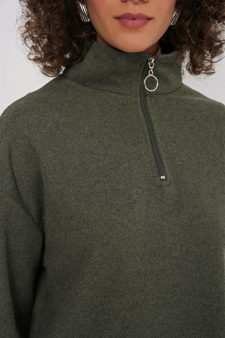 BGD Women Zip Neck Knitted Sweatshirt - Khaki - Decatur