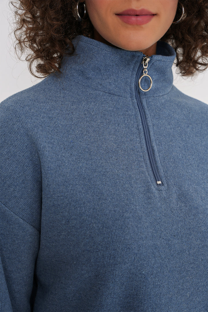 BGD Women Zip Neck Knitted Sweatshirt - Indigo - Bonita Springs