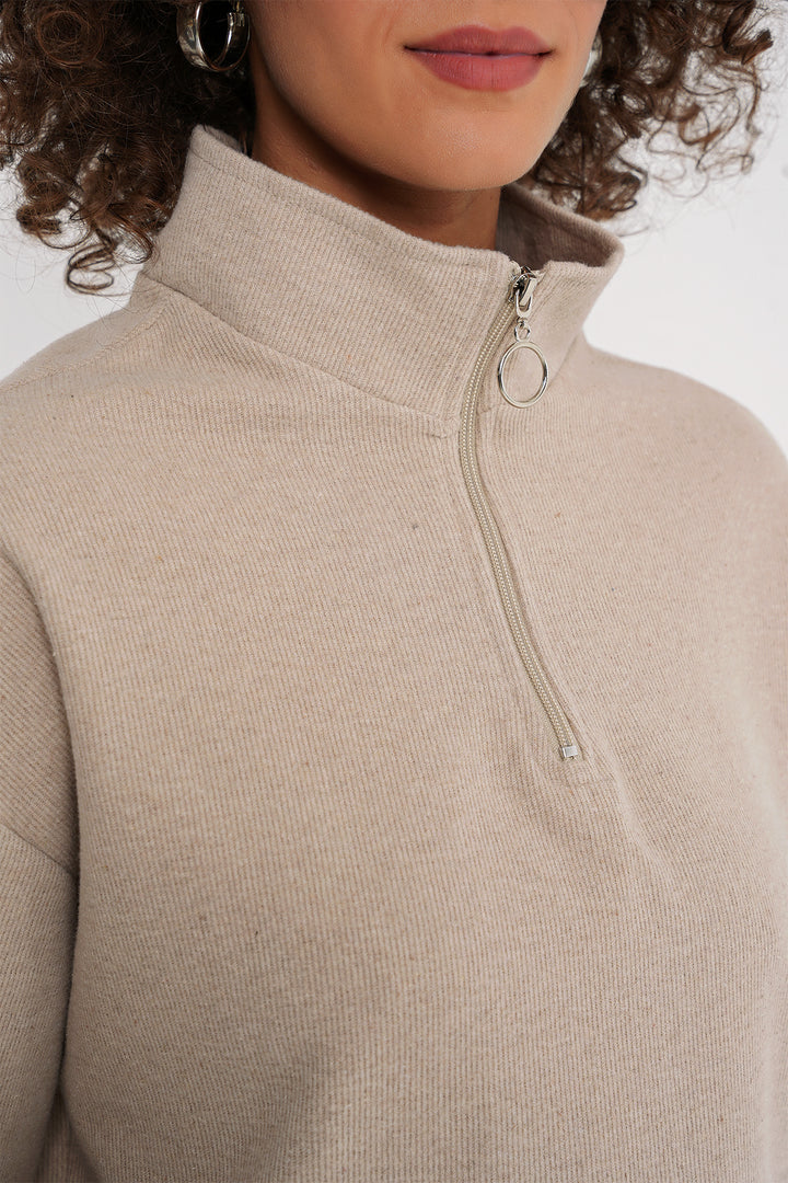BGD Women Zip Neck Knitted Sweatshirt - Cream - New York