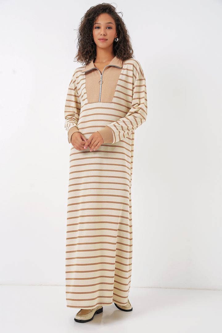 BGD Women Women's Zipper Detail Striped Long Dress - Beige - Lufkin