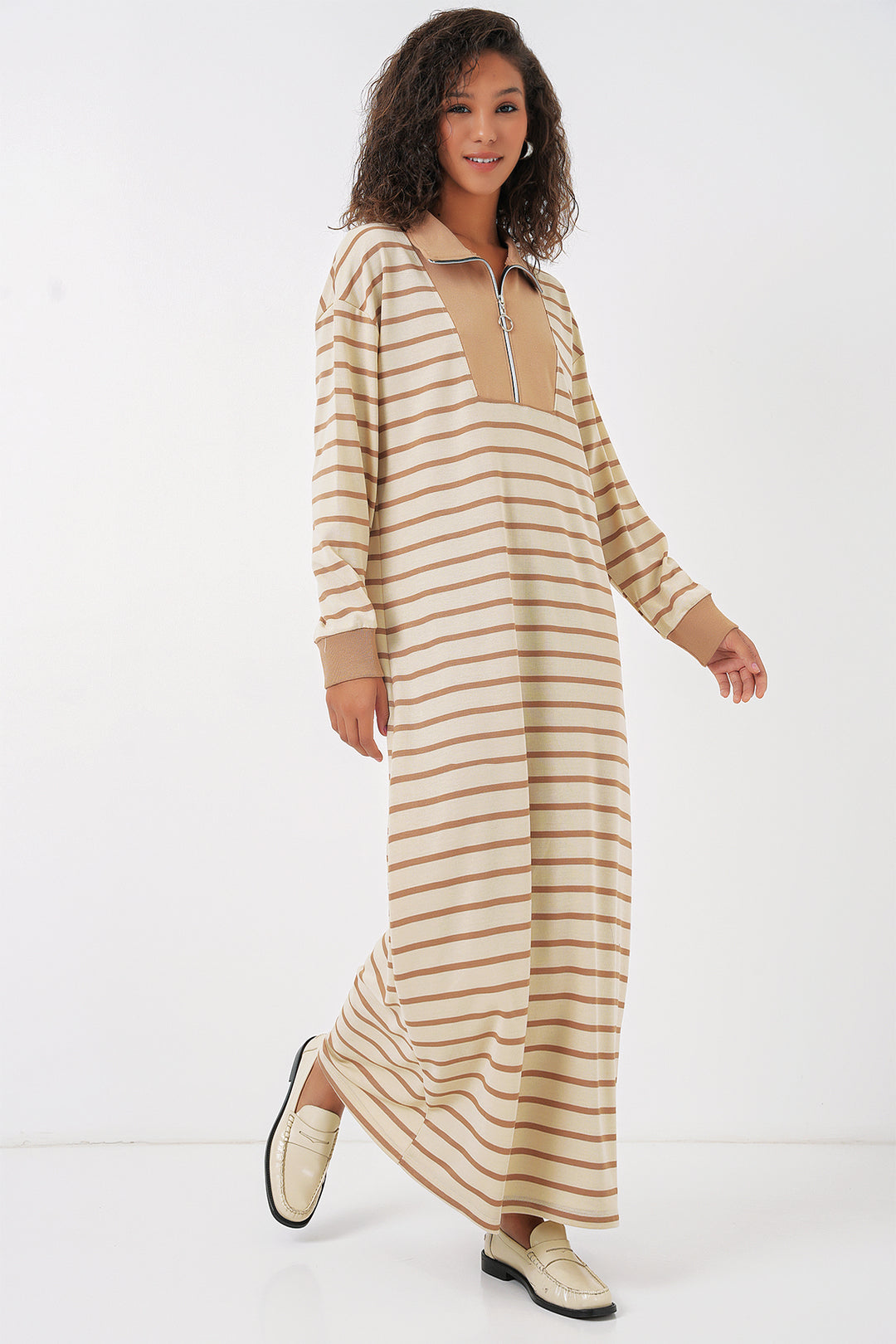 BGD Women Women's Zipper Detail Striped Long Dress - Beige - Lufkin