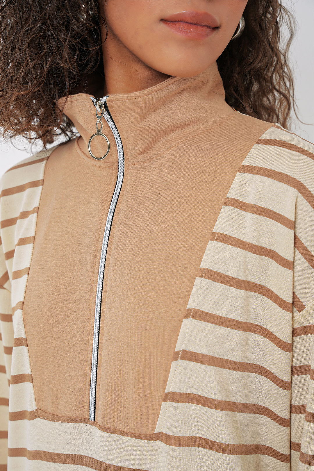 BGD Women Women's Zipper Detail Striped Long Dress - Beige - Lufkin