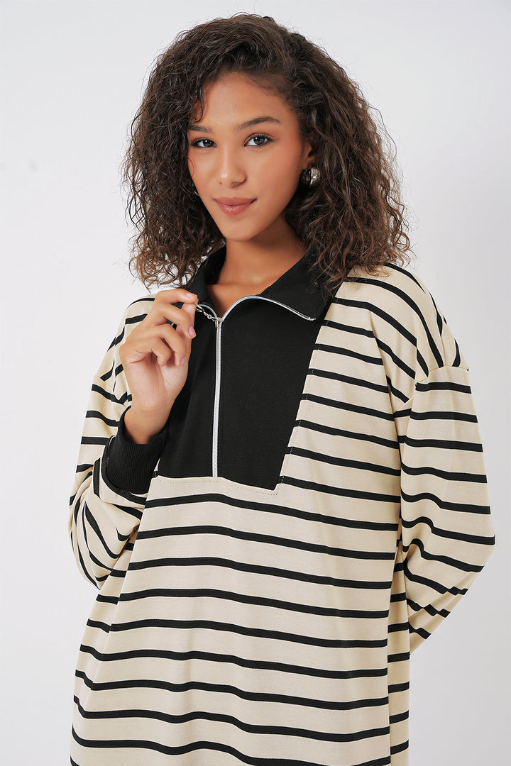 BGD Women Women's Zipper Detail Striped Long Dress - Black - Palermo