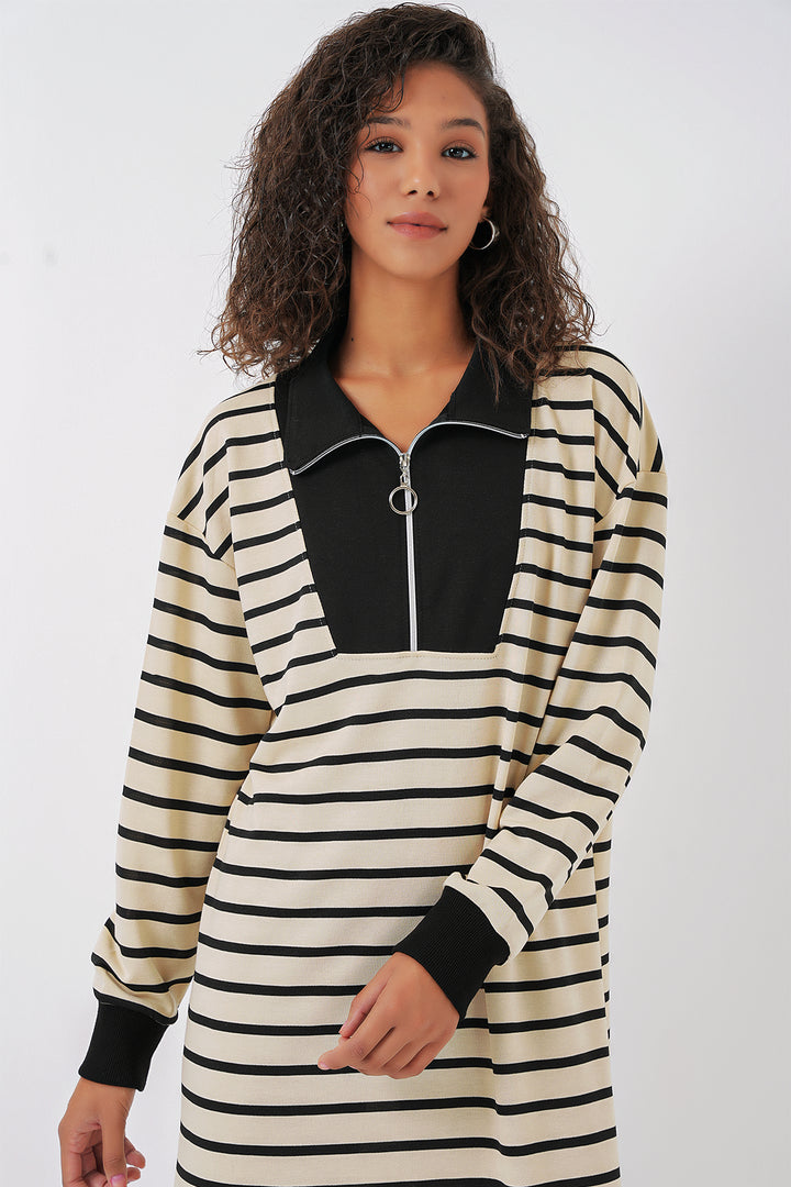 BGD Women Women's Zipper Detail Striped Long Dress - Black - Palermo