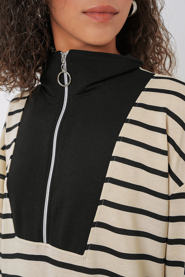 BGD Women Women's Zipper Detail Striped Long Dress - Black - Palermo