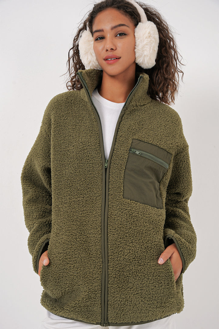 BGD Women Women's Zippered Oversized Plush Jacket - Khaki - Brant